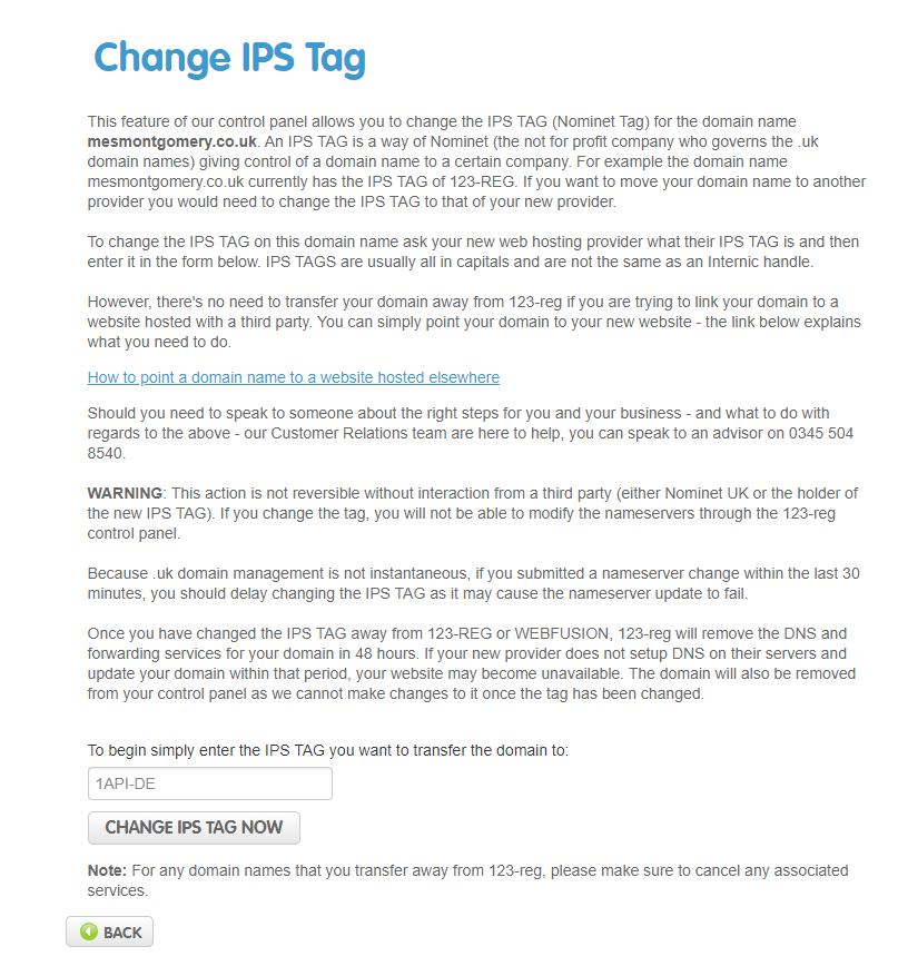 The 123-reg information displayed when navigating to change tag in their portal.