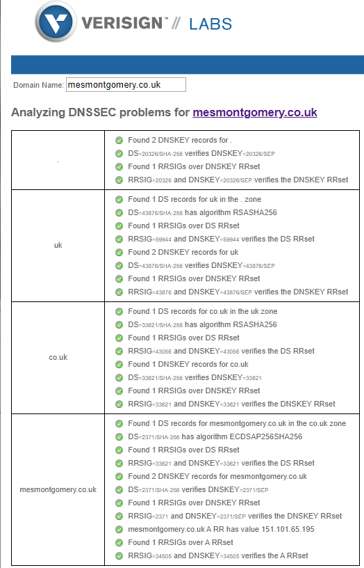 Example output of the Verisign DNSSEC tool.